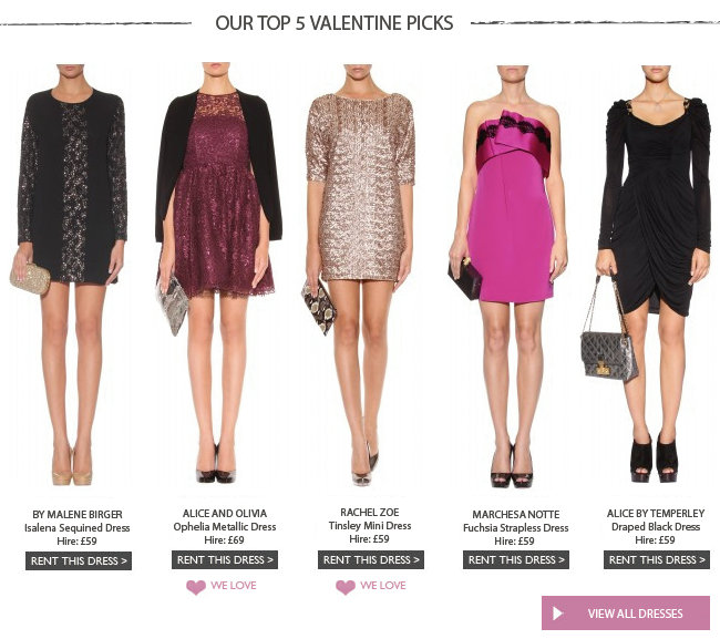 Our top 5 valentine picks including Marchesa Notte, Alice by Temperley, Rachel Zoe, Alice and Olivia