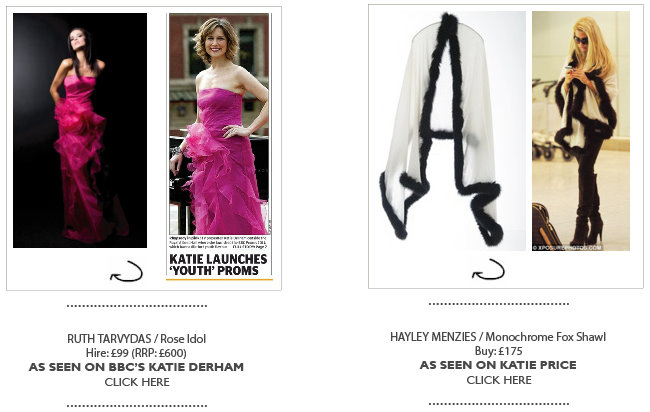 Katie Derham on Girl Meets Dress Ruth Tarvydas Rose Idol Dress - Katie Price on Girl Meets Dress Hayley Menzies Monochrome Fox Shawl - dress hire as seen on a celebrity